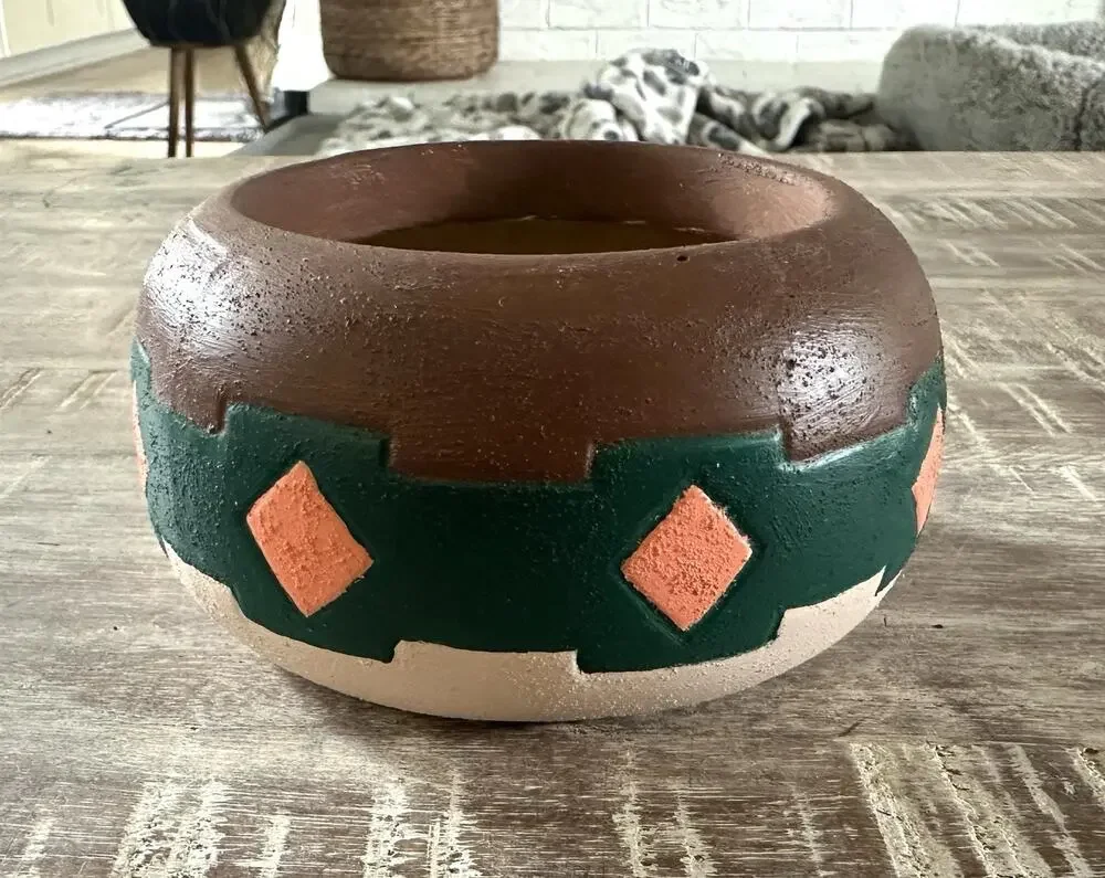 Vintage Southwest Pottery Native American Style Art Clay Round Vase Bowl